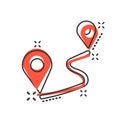 Distance pin icon in comic style. Gps navigation vector cartoon illustration on white isolated background. Communication travel Royalty Free Stock Photo