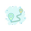 Distance pin icon in comic style. Gps navigation vector cartoon illustration on white isolated background. Communication travel Royalty Free Stock Photo