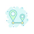 Distance pin icon in comic style. Gps navigation vector cartoon illustration on white isolated background. Communication travel Royalty Free Stock Photo