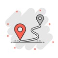 Distance pin icon in comic style. Gps navigation vector cartoon illustration on white isolated background. Communication travel Royalty Free Stock Photo