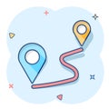 Distance pin icon in comic style. Gps navigation vector cartoon illustration on white isolated background. Communication travel Royalty Free Stock Photo