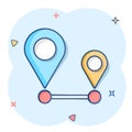 Distance pin icon in comic style. Gps navigation vector cartoon illustration on white isolated background. Communication travel Royalty Free Stock Photo