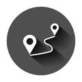 Distance pin icon in flat style. Gps navigation vector illustration on black round background with long shadow. Communication Royalty Free Stock Photo