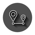 Distance pin icon in flat style. Gps navigation vector illustration on black round background with long shadow. Communication Royalty Free Stock Photo
