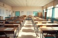 Distance shot image of empty classroom in school, back to school concept. Generative ai Royalty Free Stock Photo