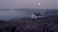 In the distance a small cottage nestled ast the heather and bracken seems to emit a soft ethereal glow as the moons Royalty Free Stock Photo