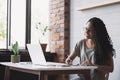 Woman using laptop computer at home, study online. Student girl working in her room. Distance studying, e-learning concept Royalty Free Stock Photo