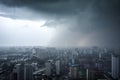 Distance view of raining storm down of a city, generative AI Royalty Free Stock Photo