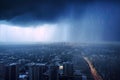 Distance view of raining storm down of a city, generative AI Royalty Free Stock Photo