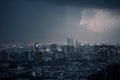 Distance view of raining storm down of a city, generative AI Royalty Free Stock Photo