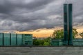 A view of city and church spire with a modern building Royalty Free Stock Photo