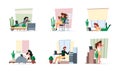 Distance work. Freelancer working at home relax persons healthy professional workflow in interior space garish vector