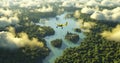Distant aerial view of a dense rainforest vegetation with lakes in a shape of world continents, clouds and one small yellow
