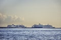 Distant cruise ferry ships moored in port