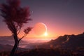 distant exoplanet sunrise, with orange and pink hues illuminating the sky