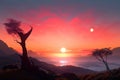 distant exoplanet sunrise, with orange and pink hues illuminating the sky