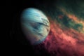 distant exoplanet, with view of colorful and turbulent atmosphere
