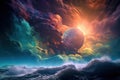 distant exoplanet, with view of colorful and turbulent atmosphere