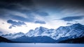 Fshermen stand in the middle of the frozen Kananaskis Lake surrounded by the Canadian Rocky Mountains in Alberta Canada Royalty Free Stock Photo