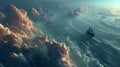 Distant fleets navigate the sea under cinematic cloud formations at twilight Royalty Free Stock Photo