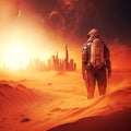 The distant future. A man in a space suit walks through the desert