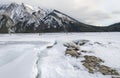 Distant Ice Skaters on Frozen Lake Minnewanka Royalty Free Stock Photo