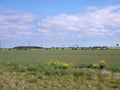 Distant power plant seen across fields