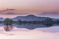 Blue hour lake mirror reflection with purple sky and foreground bush Royalty Free Stock Photo