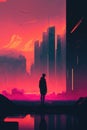 distant neon skyline, signaling the dawn of a new age digital art poster AI generation