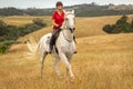 A distant shot of a beautiful happy smiling young woman dressed in a red polo shirt riding her white horse through long dried