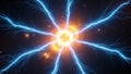 Explosion of bright blue lightning bolts radiating from a glowing orange and yellow sunlike core in deep space with Royalty Free Stock Photo