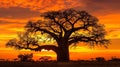 The distant silhouette of a majestic baobab tree against the vibrant orange sky serves as the perfect backdrop for a