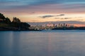 Distant silhouette of Sydney cityscape at dusk, on sunset Royalty Free Stock Photo