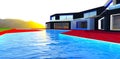 Distant sunrise behind the mountains. Glowing water of the pool near the private estate finished with black brick tile. 3d