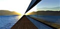 Distant sunrise between mountains in the lake reflected in long mirrored window of the abstract concrete building with wooden