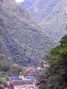 A distant view of Aguas Calientes, a tourist town nestled in the