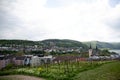 Distant view on buildings behind the wine field and in the middle of the hills in bingen am rhein in hessen germany