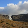 Distant view of the Dynjandi, famous waterfall in the westfjords of Iceland.