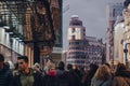 Distant view of Edificio Capitol on Gran Via, Madrid, Spain, selective focus