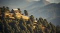 Distant view of a little house nestled in the mountains