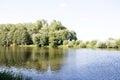 Distant view on the river ems and the trees on the river bank in lathen emsland germany