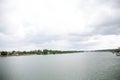 Distant view on the riverbanks of the rhine river from the bridge in mainz germany Royalty Free Stock Photo