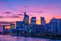 Distant view at sunset of modern office buildings and skyscrapers of Paris La DÃ©fense Royalty Free Stock Photo