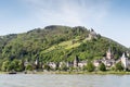 Distant view of the town of Bacharach from the river Rhine, with Stahleck Castle prominently visible above Royalty Free Stock Photo