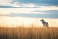 a distant wolf howling on a serene prairie at sunset Royalty Free Stock Photo