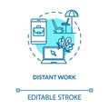 Distant work turquoise concept icon. Freelance with laptop. Wireless connection. Outsource abroad. Roaming idea thin