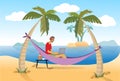 Distant worker with laptop freelancer man lying on hammock among palms at seascape, working female combine rest and job, positive