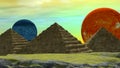 Distant World with two Planets and Egyptian style Pyramids Royalty Free Stock Photo