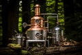 A distillation apparatus for making spirits in the woods. Concept