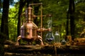 A distillation apparatus for making spirits in the woods. Concept